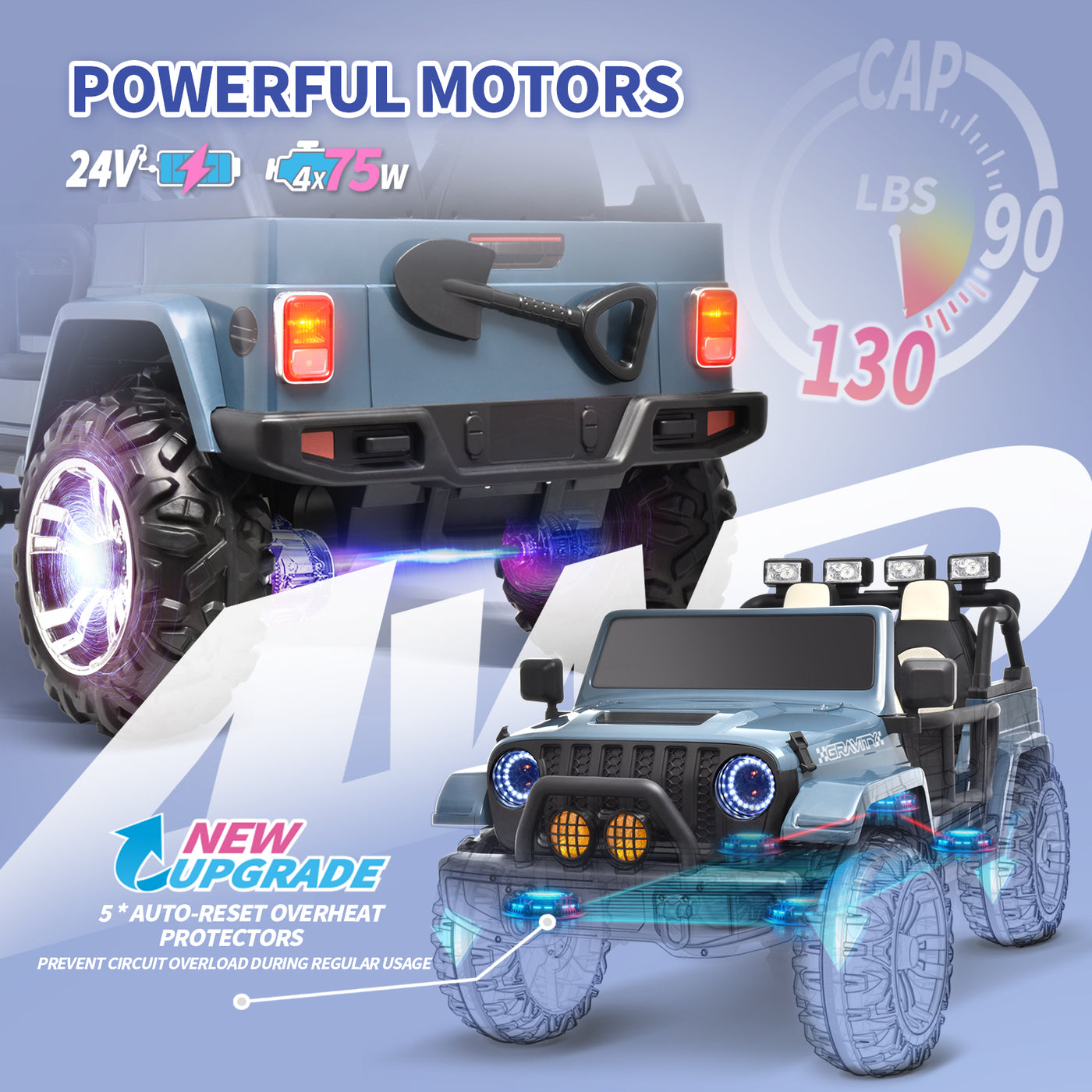 Joywhale 24V 2 Seater Kids Ride on Truck 4WD Easy-Drag Electric Car, with 4x75W Engine, Leather Seat, EVA Wheels, Soft Braking, Remote Control, Suspension &Free Car Cover, BW-609PRO