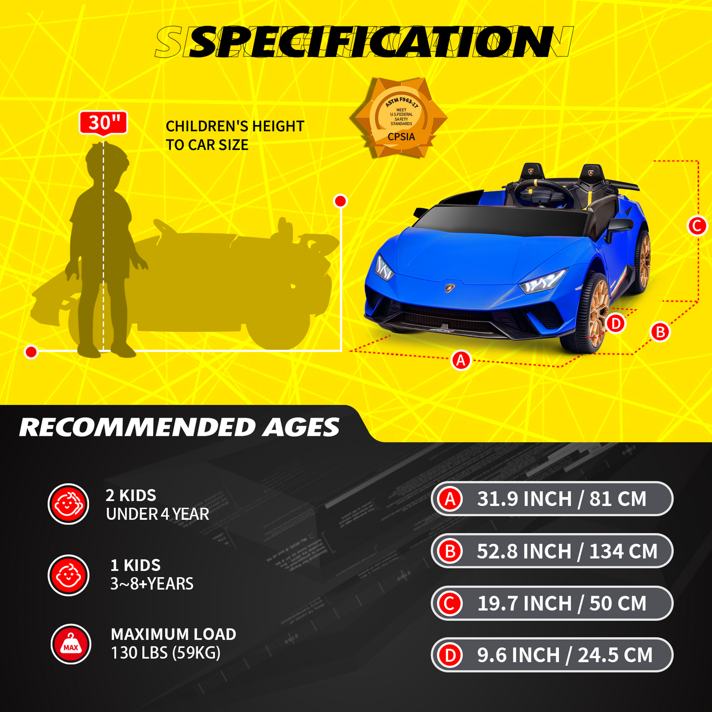 Blitzshark 24V 2 Seater Kids Ride on Car Powerful 4WD Compatible for Lamborghini Battery Powered Motorized Electric Car, with 7AH Big Battery, Remote Control, Suspension, Fantastic Lights& Music