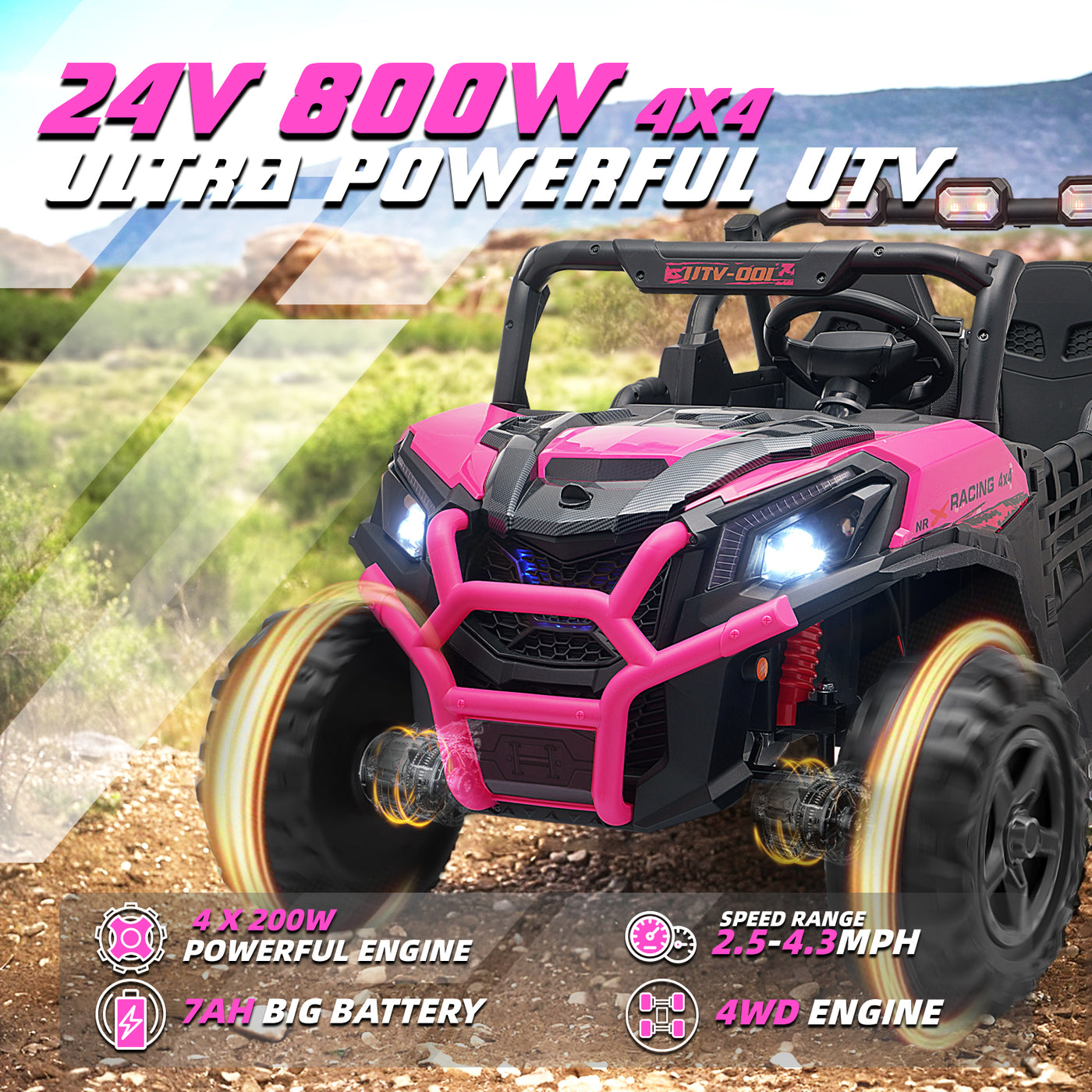 MAGYCAT 24V 2 Seater Kids Ride on UTV Car 2WD/ 4WD Switchable Off-Road Electric Vehicle, with 800W Ultra Powerful Motors, 4.3 MPH Max Speed, 7AH Battery, Spring Suspension, 2.4G Remote, Music