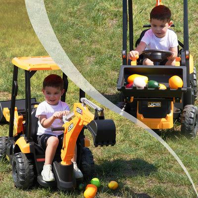 Blitzshark 2 in 1 Kids Ride on Excavator & Bulldozer 12V Battery Powered Motorized Car Electric Construction Vehicles for Kids Ages 3-6, with Front Loader, Digger, Ceiling, Remote Control, Yellow