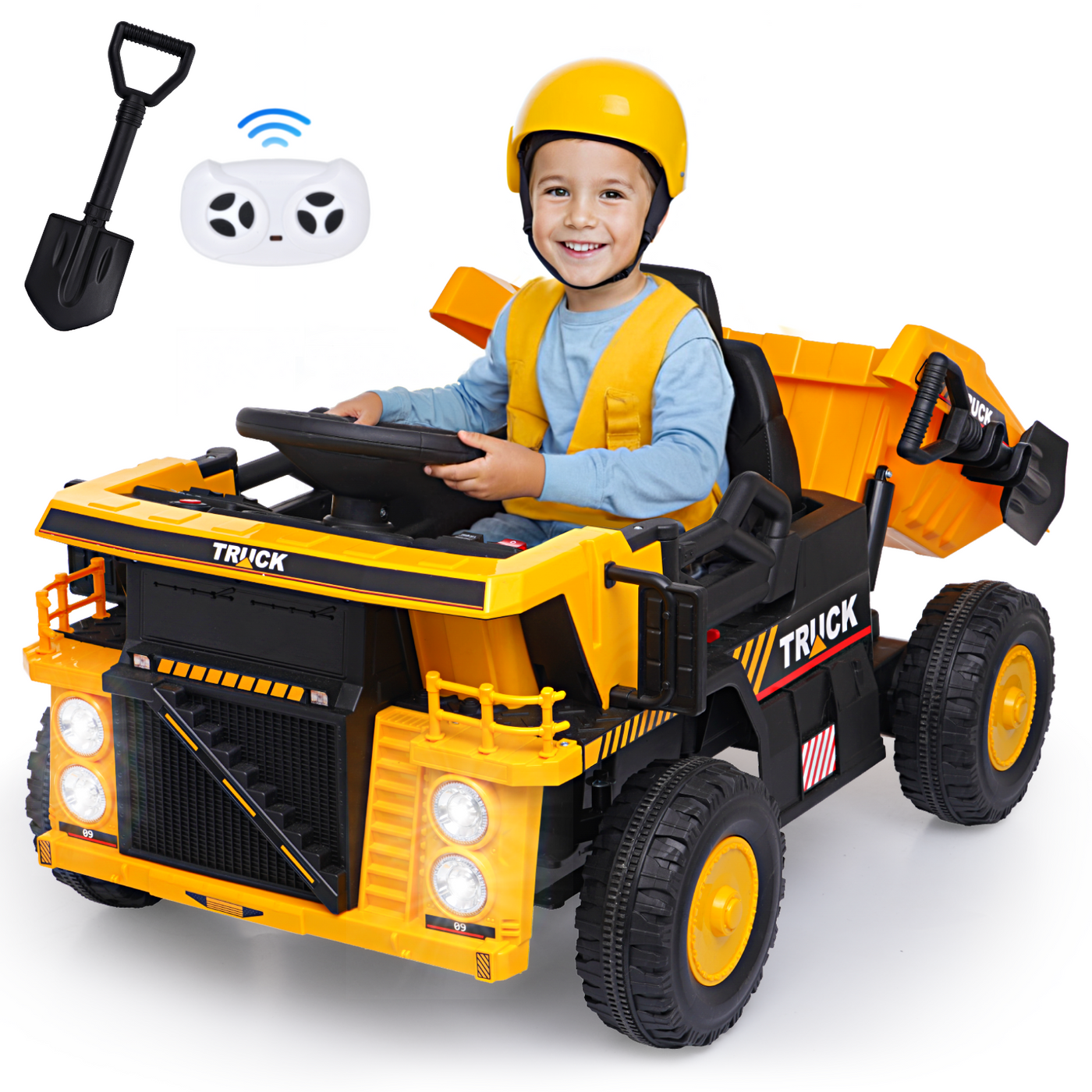 Joywhale 24V Kids Ride on Dump Truck Car 7AH Big Battery Powered Car Electric Construction Vehicle for Kids Aged 3-6, with Electric Dump Bed and Shovel, Remote Control, LED Headlights, Music