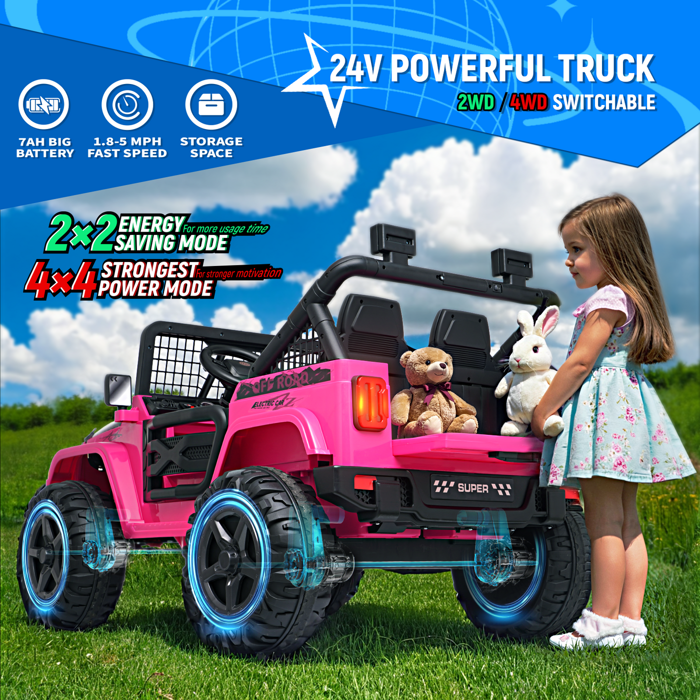 MAGYCAT 24V 2 Seater Kids Ride on Truck 2WD/ 4WD Switchable Off-Road Electric Car, with 800W Strong Engine, 5 MPH Max Speed, 7AH Big Battery, 2.4G Remote Control, Suspension, Music & Headlights