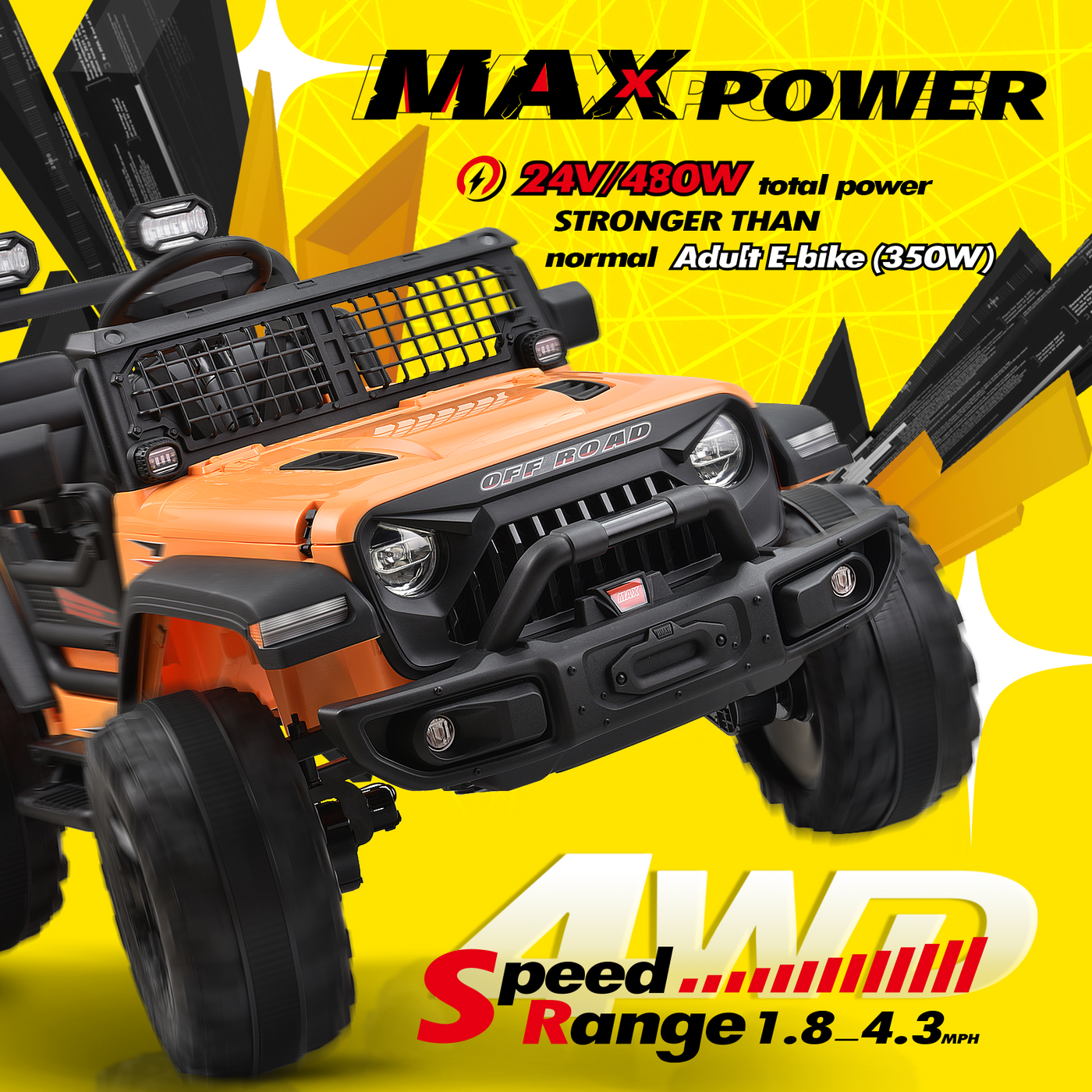 Blitzshark 24V MAX Ride-on Truck 2 Seater 4WD Kids Electric Vehicle 4x4 XXL Battery Powered Car, with 480W Ultra Powerful Motor, Remote Control, Full-Metal Suspension& Free DIY Sticker