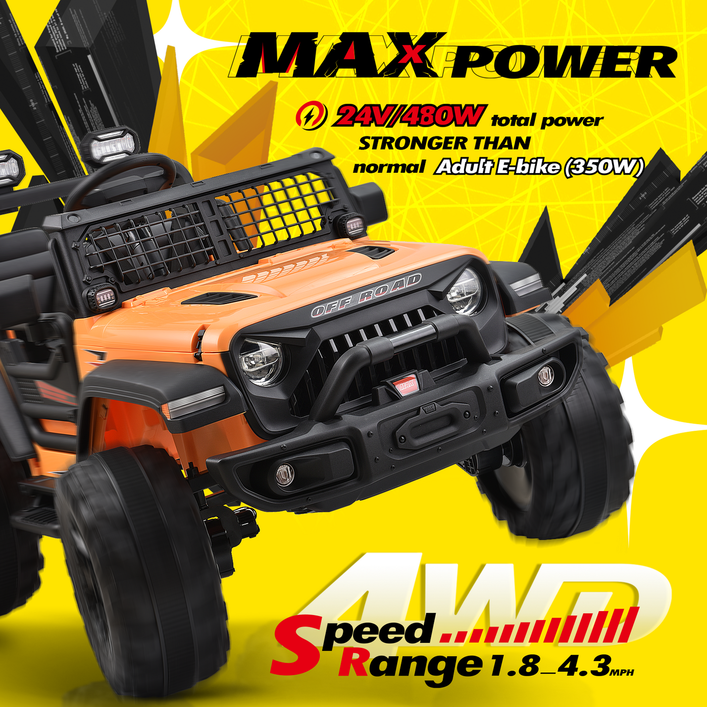 Blitzshark 24V MAX Ride-on Truck 2 Seater 4WD Kids Electric Vehicle 4x4 XXL Battery Powered Car, with 480W Ultra Powerful Motor, Remote Control, Full-Metal Suspension& DIY Sticker