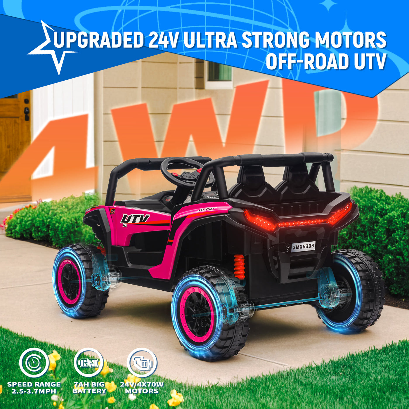 Joywhale 24V Kids Ride on UTV Car 4WD Off-Road Electric Vehicle with Remote Control, 7AH Big Battery Powered Kids Electric Car, 19" Spacious Seat, 3.7 MPH Max Speed, 4 Shock Absorbers, Music, Pink