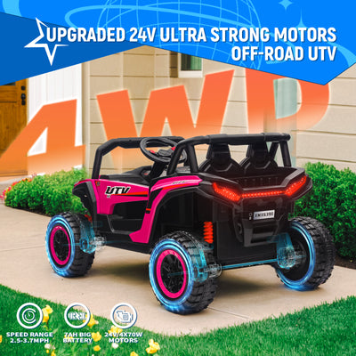 Joywhale 24V Kids Ride on UTV Car 4WD Off-Road Electric Vehicle with Remote Control, 7AH Big Battery Powered Kids Electric Car, 19" Spacious Seat, 3.7 MPH Max Speed, 4 Shock Absorbers, Music, Pink