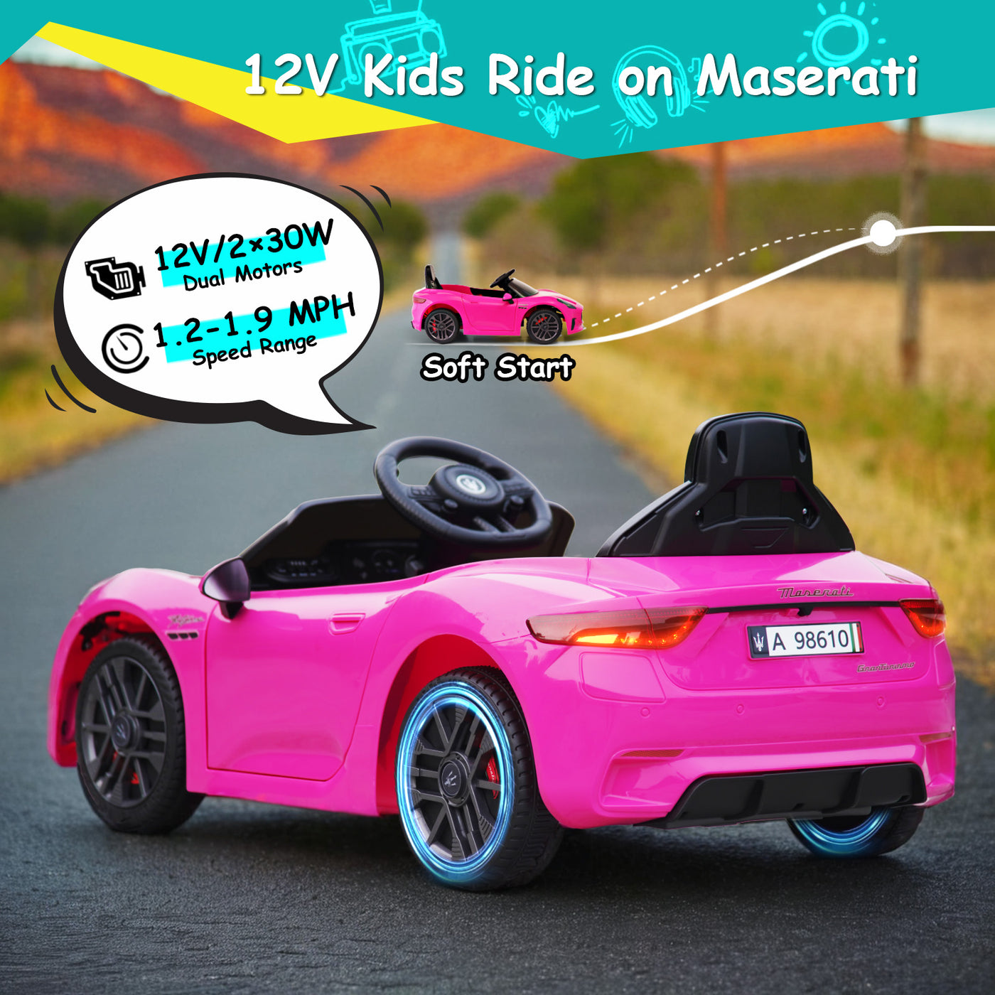 Joywhale Kids Ride on Car 12V Licensed Maserati Toy Car, Electric Vehicle for Kids, Ride On Toy for Toddlers Ages 3-6, Battery Powered Car with Remote Control, Safety Belt, Music, Bright Lights, Pink