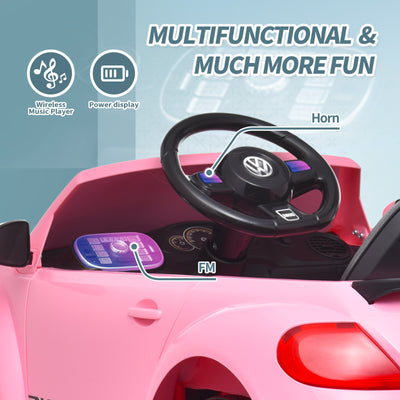 Joywhale 12V Kids Ride on Car Licensed Volkswagen Beetle Battery Powered Electric Vehicle for Kids, with 2.4G Remote Control, 3-Speed, Spring Suspension, Seat Belt, Headlights, Music & FM，DP-B03L