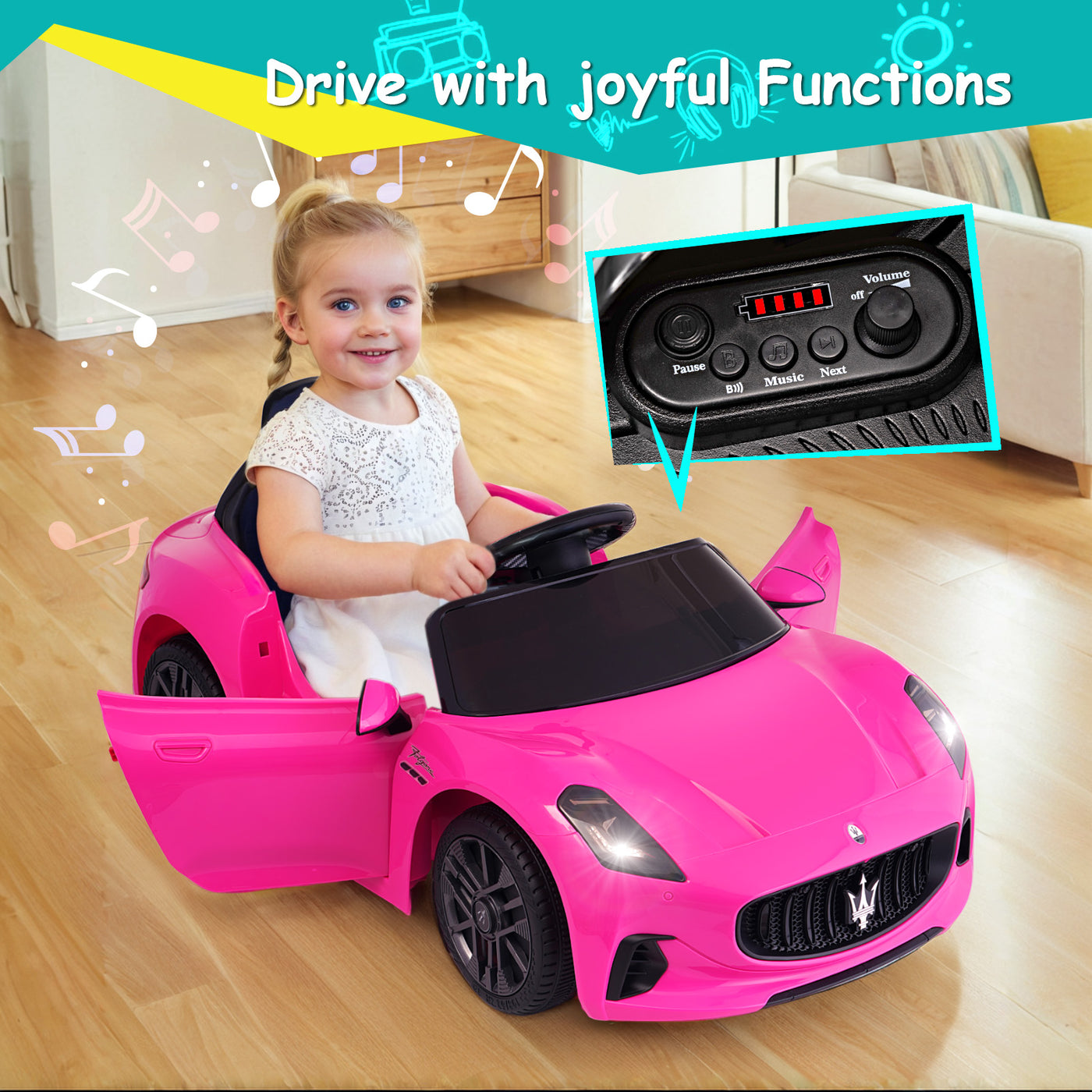 Joywhale Kids Ride on Car 12V Licensed Maserati Toy Car, Electric Vehicle for Kids, Ride On Toy for Toddlers Ages 3-6, Battery Powered Car with Remote Control, Safety Belt, Music, Bright Lights, Pink