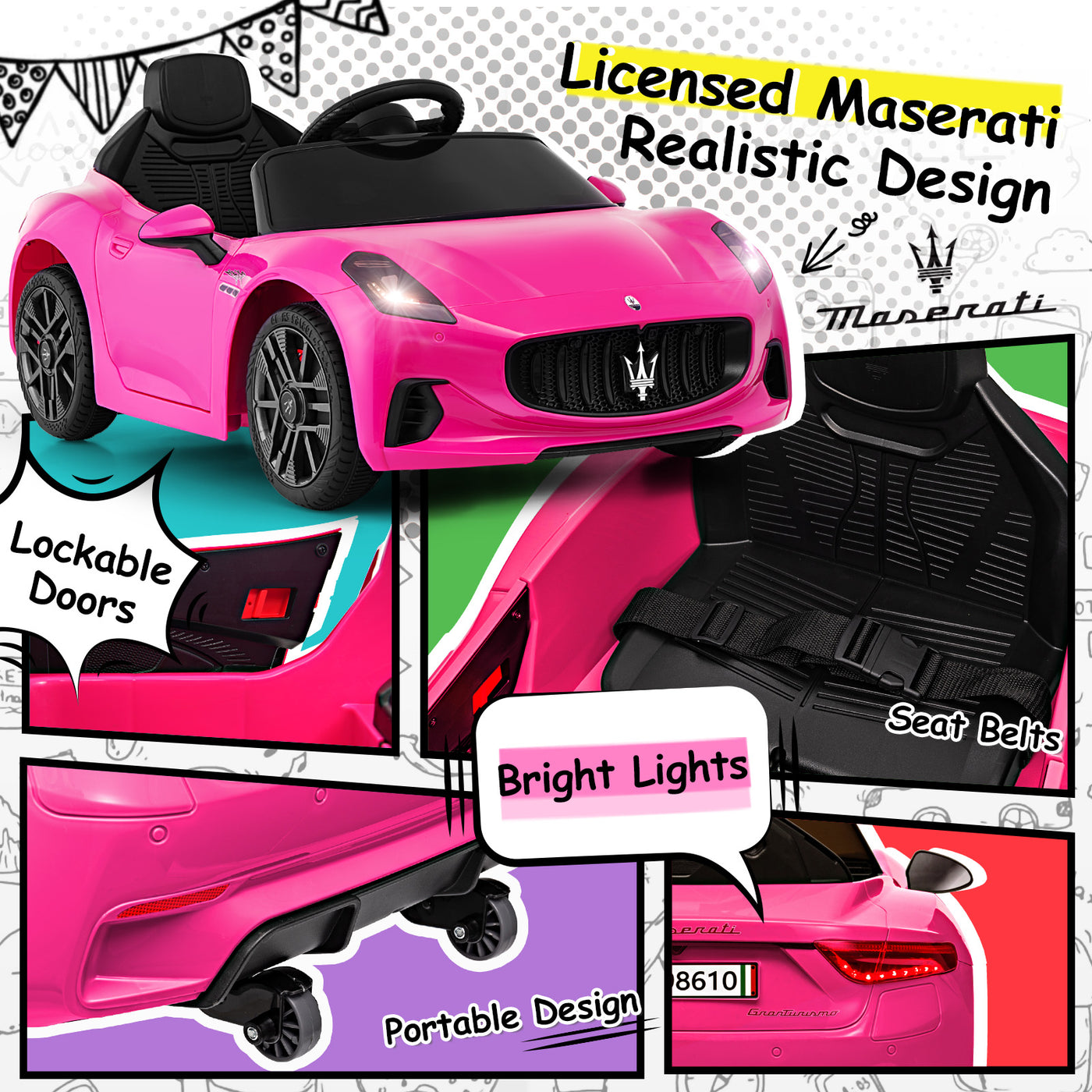 Joywhale Kids Ride on Car 12V Licensed Maserati Toy Car, Electric Vehicle for Kids, Ride On Toy for Toddlers Ages 3-6, Battery Powered Car with Remote Control, Safety Belt, Music, Bright Lights, Pink