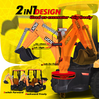 Blitzshark 2 in 1 Kids Ride on Excavator & Bulldozer 12V Battery Powered Motorized Car Electric Construction Vehicles for Kids Ages 3-6, with Front Loader, Digger, Ceiling, Remote Control, Yellow