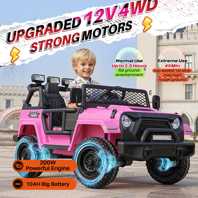 12V 2 Seater Kids Ride on Truck 4X4 Off-Road Electric Car, with 200W Powerful Motors, 2.4G Remote Control, Suspension, Music & Headlights, 10AH Big Battery Powered Motorized Toy Car