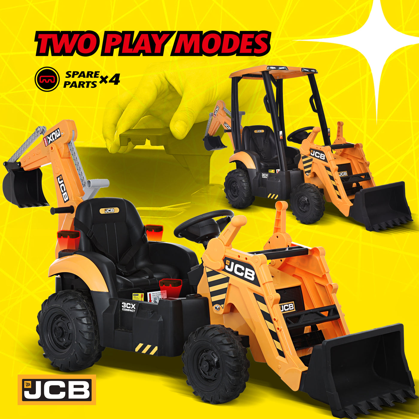 Blitzshark 2 in 1 Kids Ride on Excavator & Bulldozer 12V Battery Powered Motorized Car Electric Construction Vehicles for Kids Ages 3-6, with Front Loader, Digger, Ceiling, Remote Control, Yellow