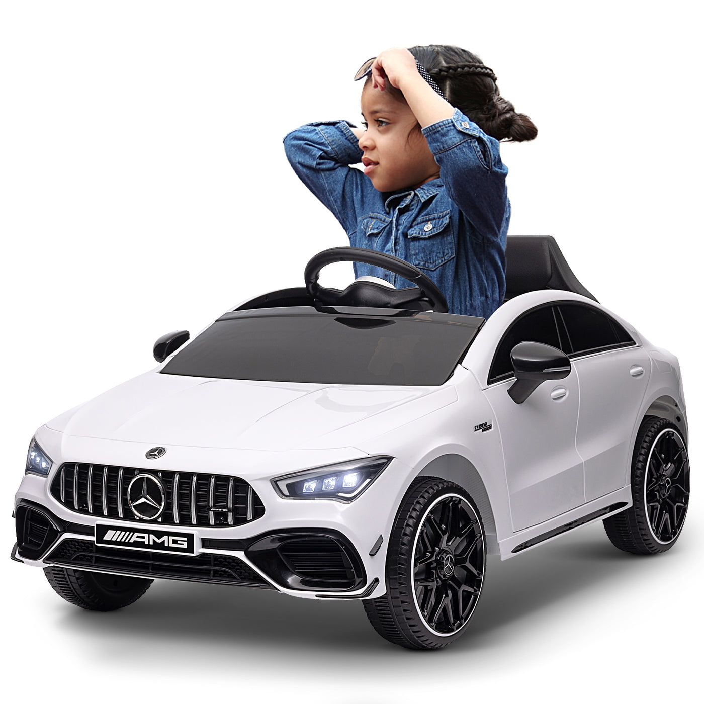 Blitzshark 12V Kids Ride on Car Licensed Mercedes-Benz AMG CLA 45 S 4WD Electric Car for Kids 7AH Big Battery Powered Toy Car with 2.4G Remote Control, Swing Function, 4-Wheel Suspension, Music