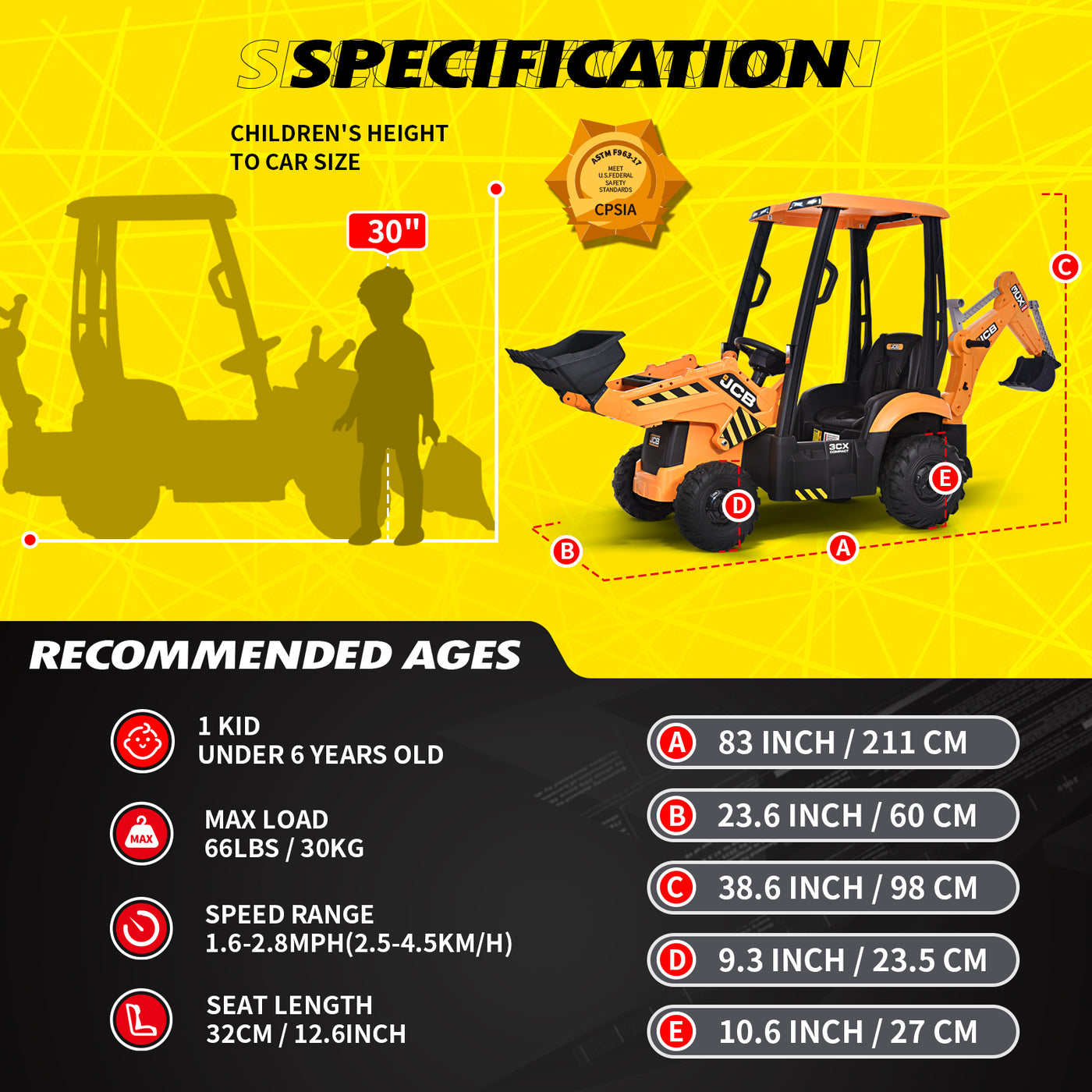 Blitzshark 2 in 1 Kids Ride on Excavator & Bulldozer 12V Battery Powered Motorized Car Electric Construction Vehicles for Kids Ages 3-6, with Front Loader, Digger, Ceiling, Remote Control, Yellow